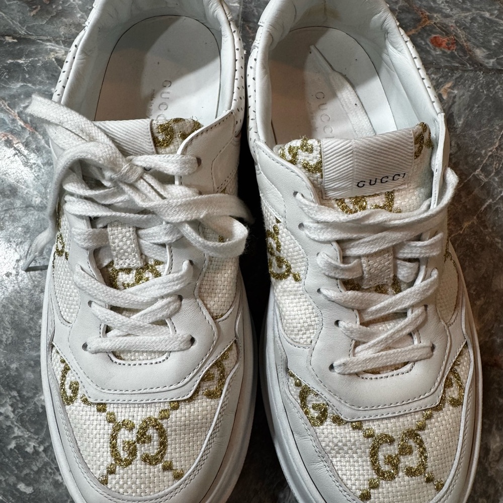 Gucci White Sneakers with Gold Detailing